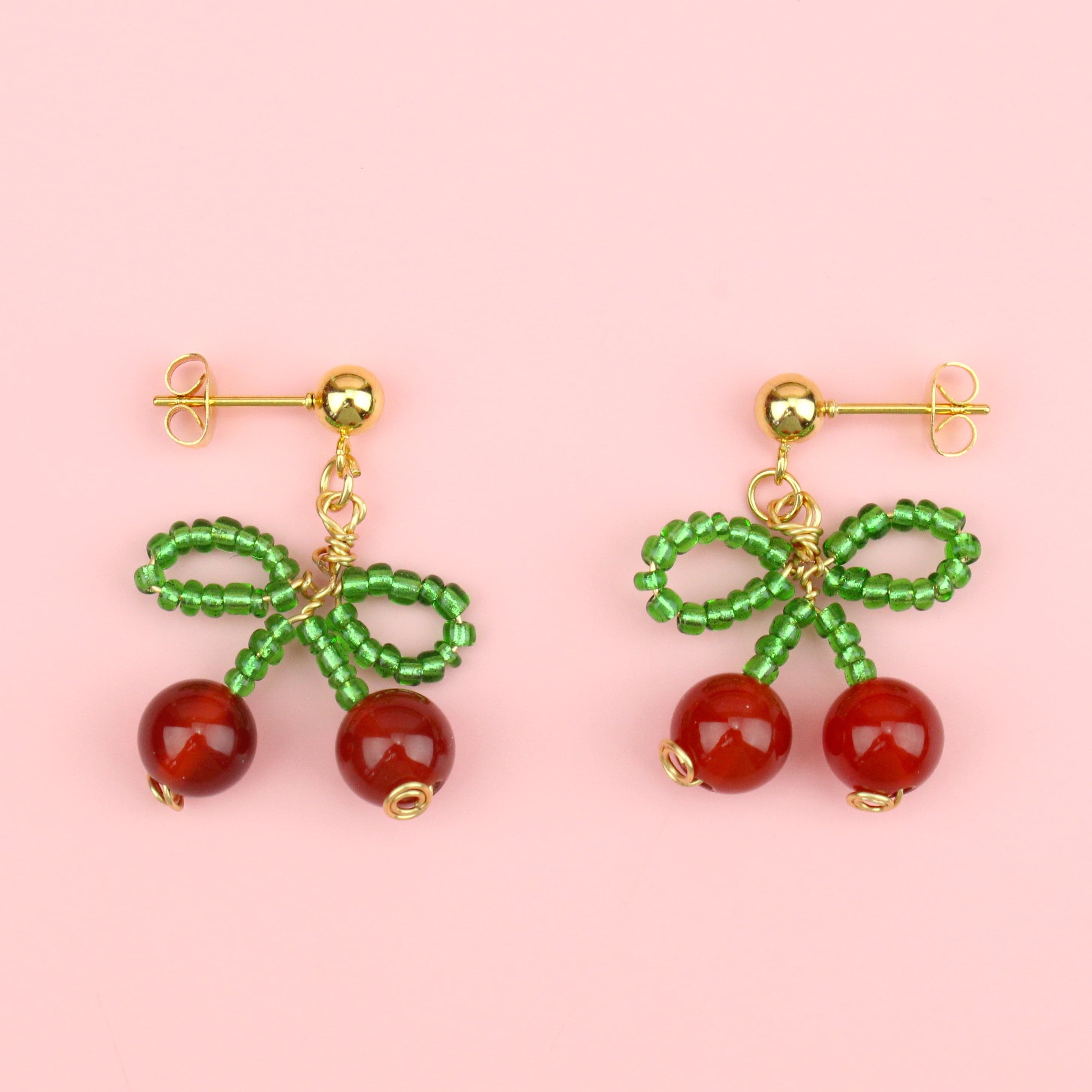 Beaded Cherry Bow Earrings
