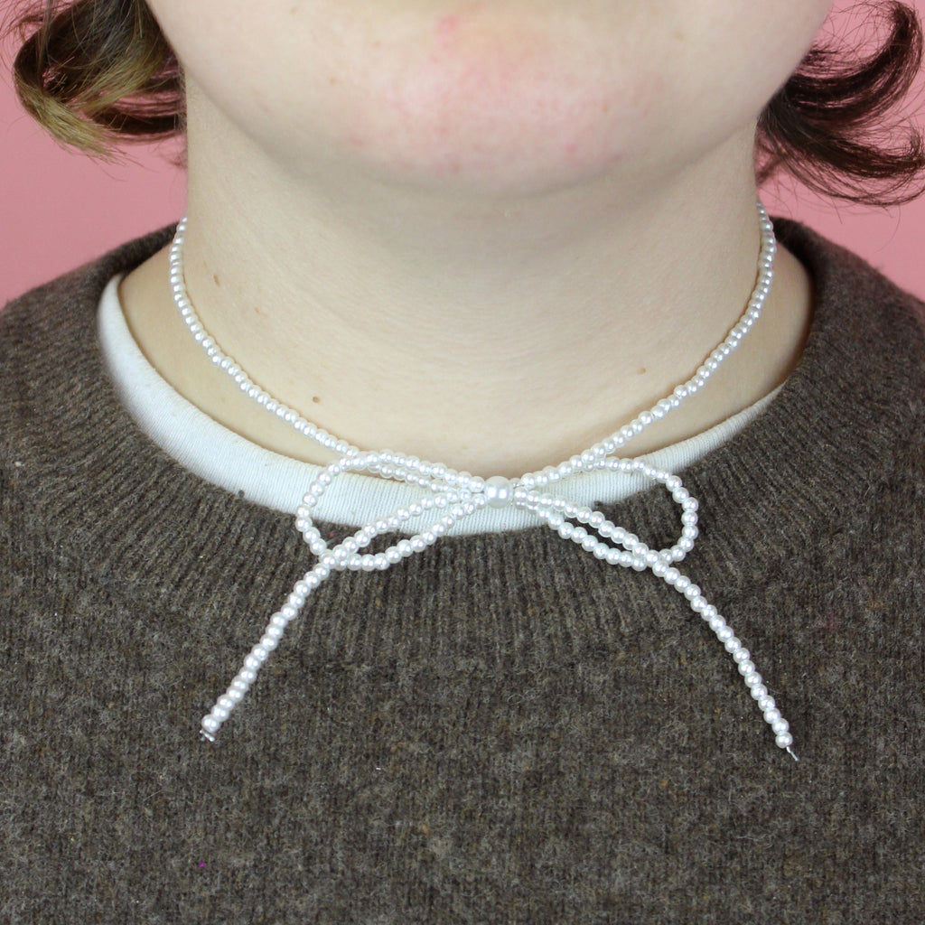 Beaded Bow Choker - White