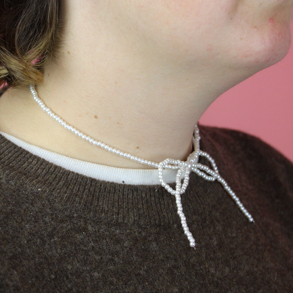 Beaded Bow Choker - White